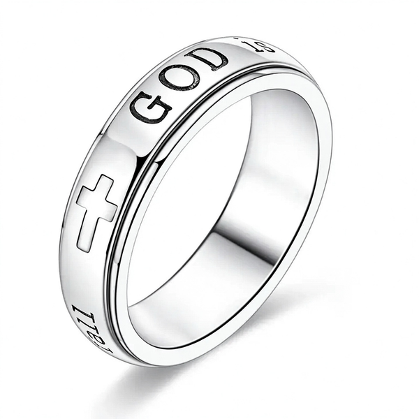 Women's Spinner Christian Ring Engraved Psalm 46:5 Verse and Holy Cross