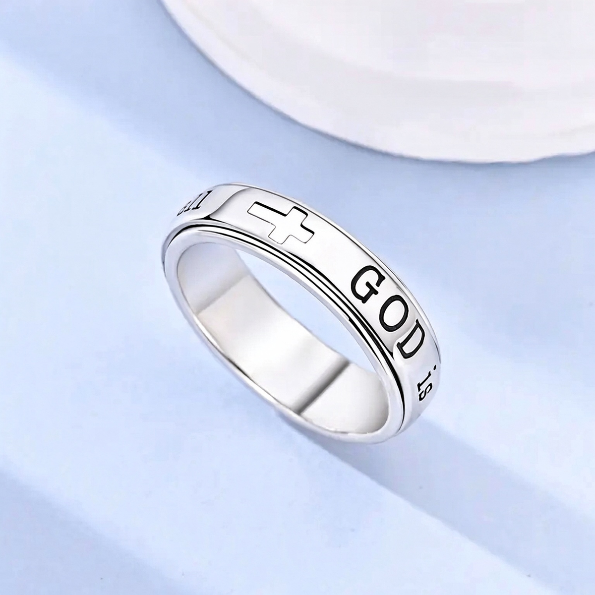 Women's Spinner Christian Ring Engraved Psalm 46:5 Verse and Holy Cross