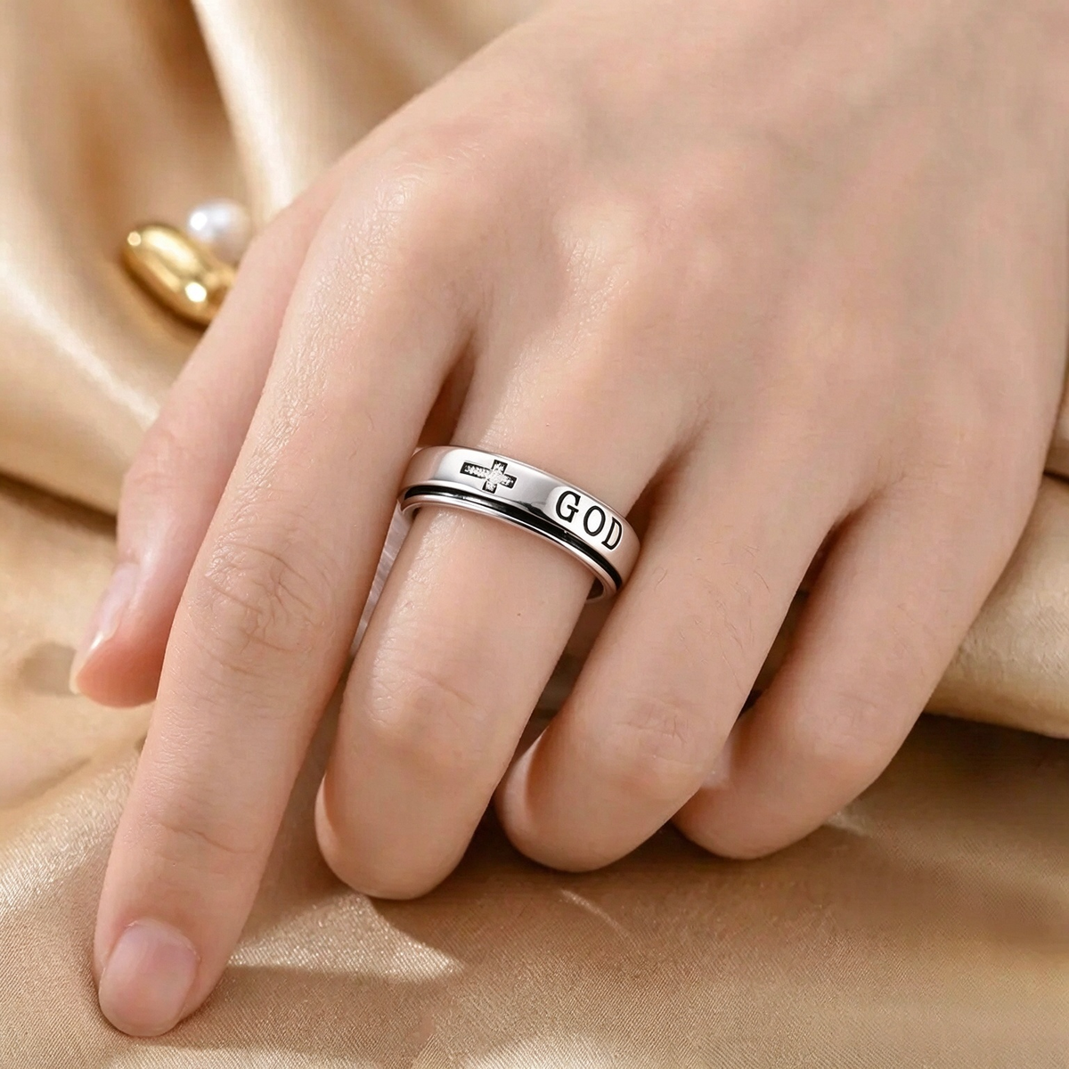 Women's Spinner Christian Ring Engraved Psalm 46:5 Verse and Holy Cross