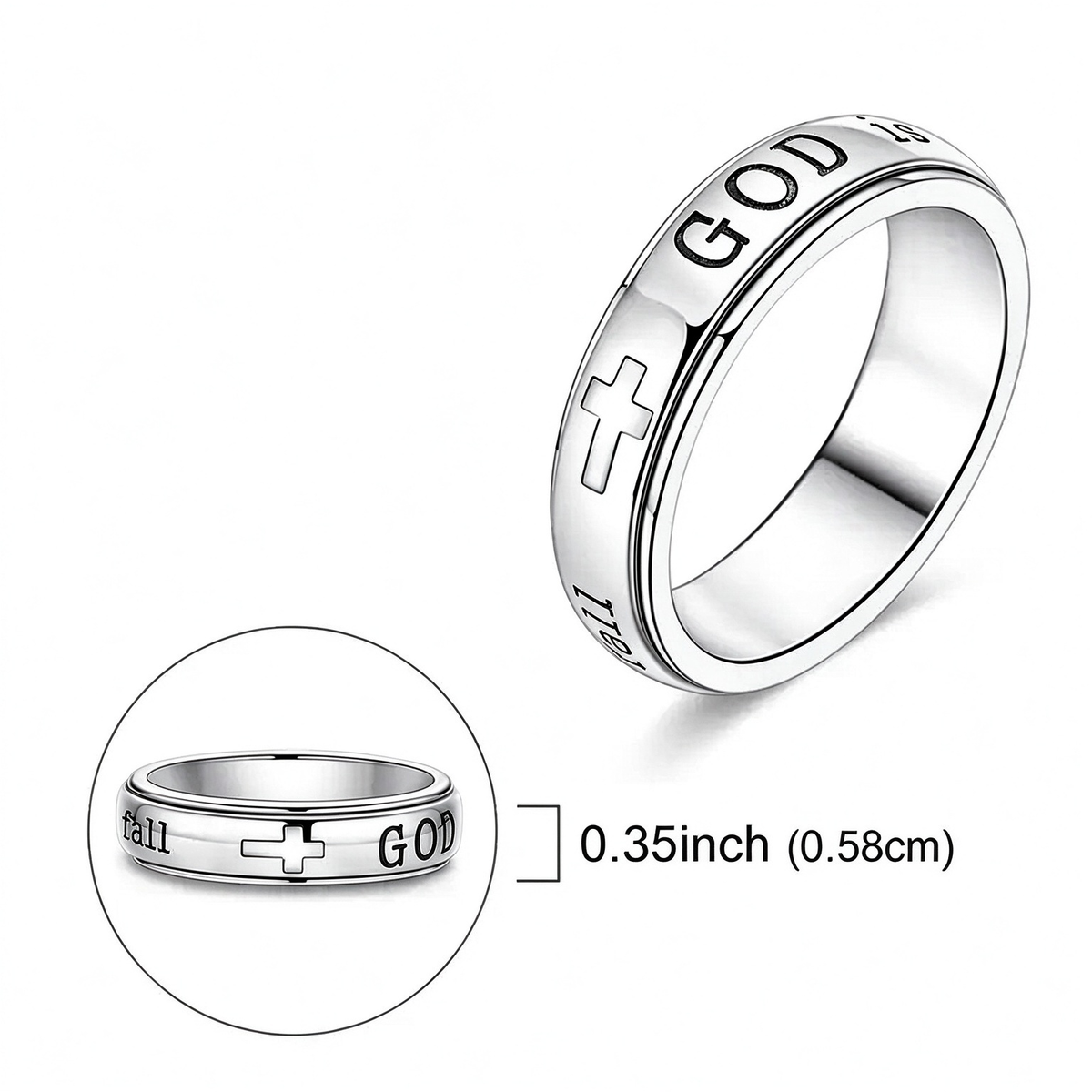 Women's Spinner Christian Ring Engraved Psalm 46:5 Verse and Holy Cross