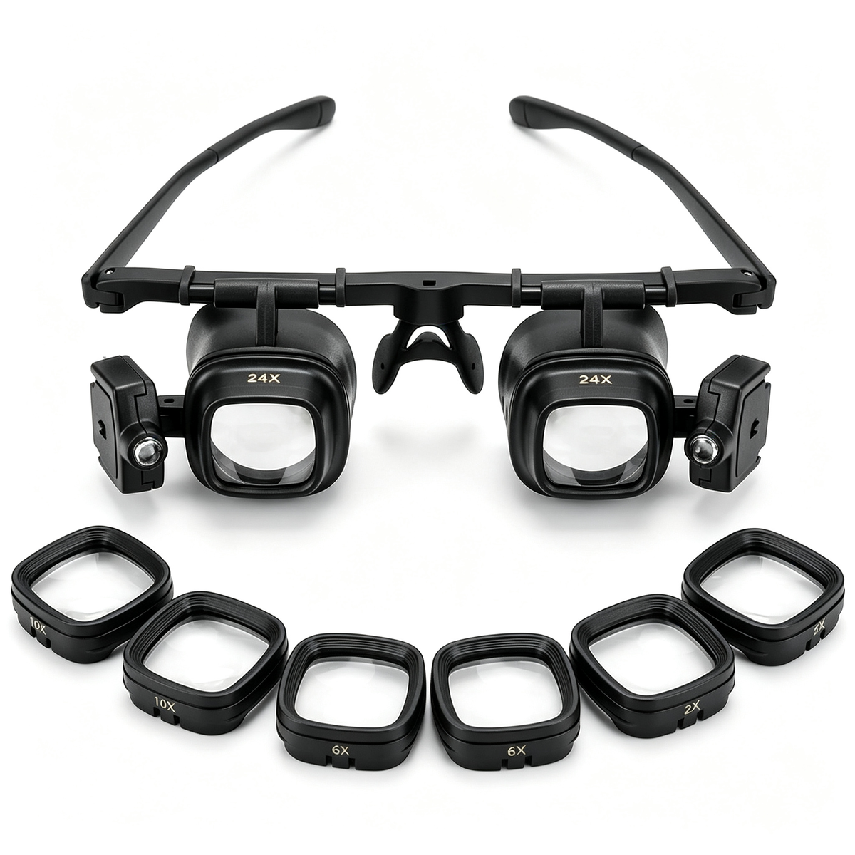 24X Headband Magnifying Glasses with 2 LED Lights4 Sets of Interchangeable Lenses (2X, 6X, 10X, 24X)