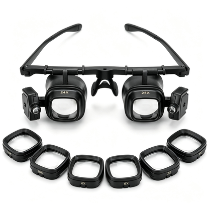 24X Headband Magnifying Glasses with 2 LED Lights4 Sets of Interchangeable Lenses (2X, 6X, 10X, 24X)