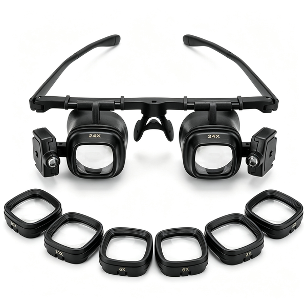 24X Headband Magnifying Glasses with 2 LED Lights4 Sets of Interchangeable Lenses (2X, 6X, 10X, 24X)