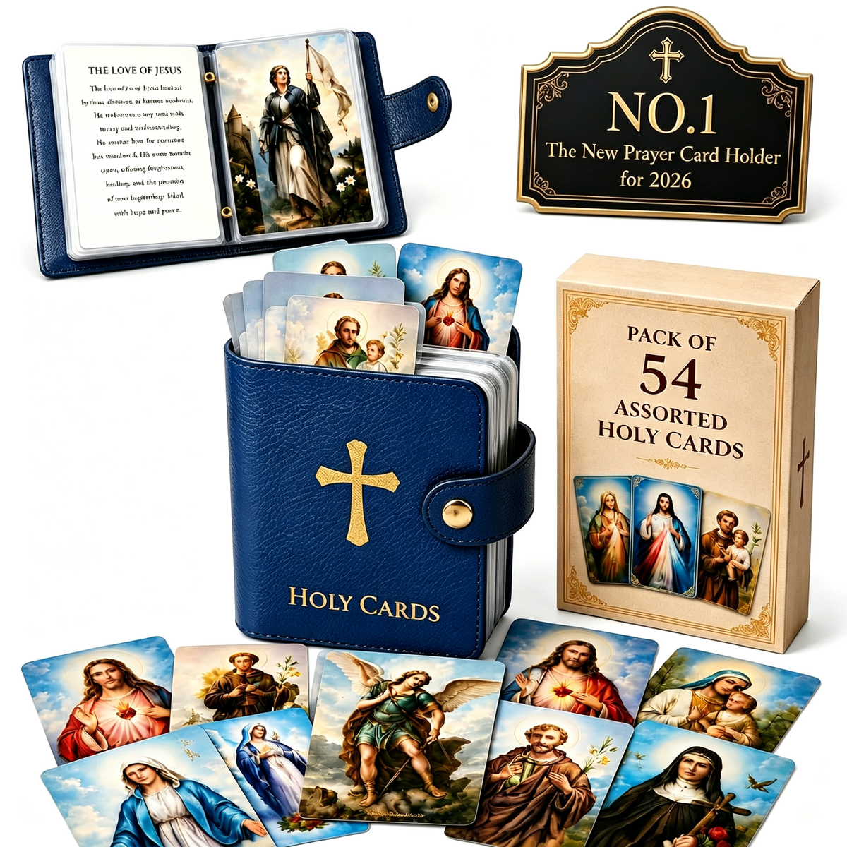 Genuine Leather Holy Card Holder Book with 54 Assorted Catholic Prayer Cards