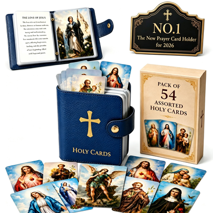 Genuine Leather Holy Card Holder Book with 54 Assorted Catholic Prayer Cards