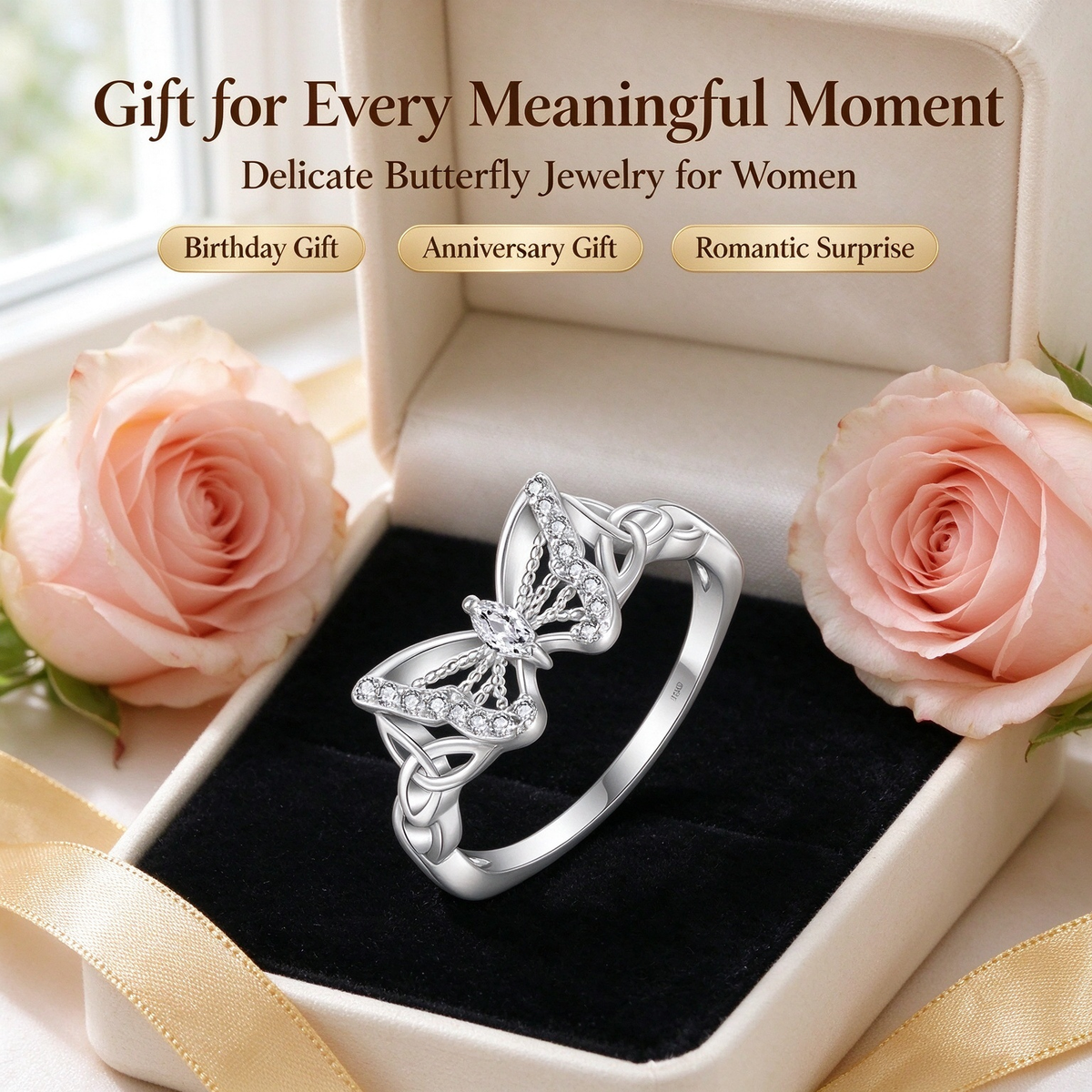 Butterfly Ring with 5A Cubic Zirconia Accent, Celtic Knot Design