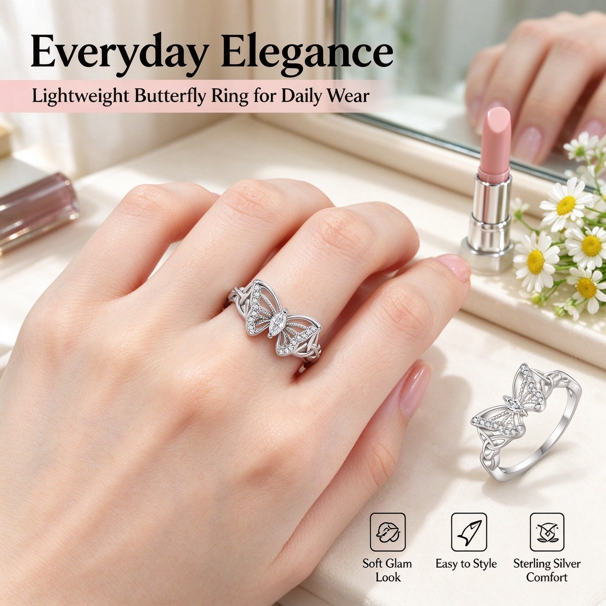 Butterfly Ring with 5A Cubic Zirconia Accent, Celtic Knot Design
