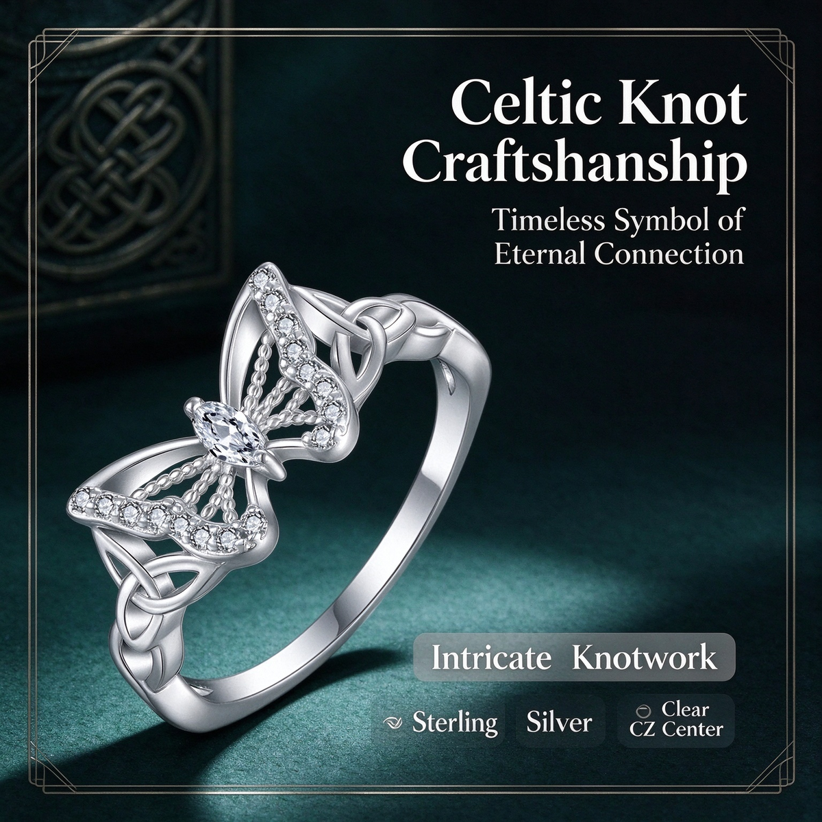 Butterfly Ring with 5A Cubic Zirconia Accent, Celtic Knot Design