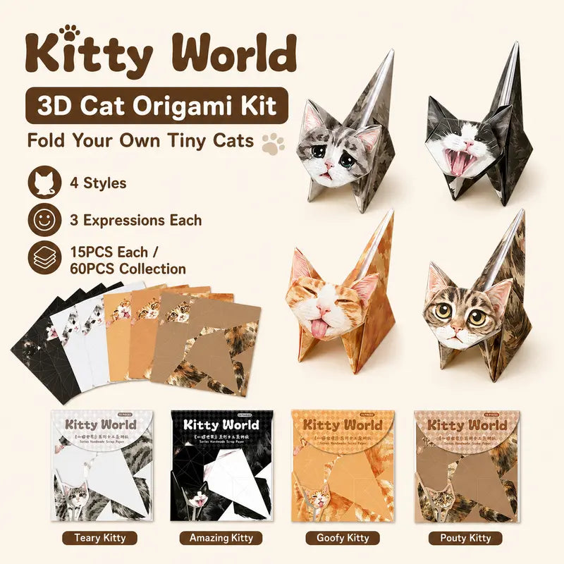 60PCS 3D Cat Origami Kit, DIY Paper Cat Craft Set