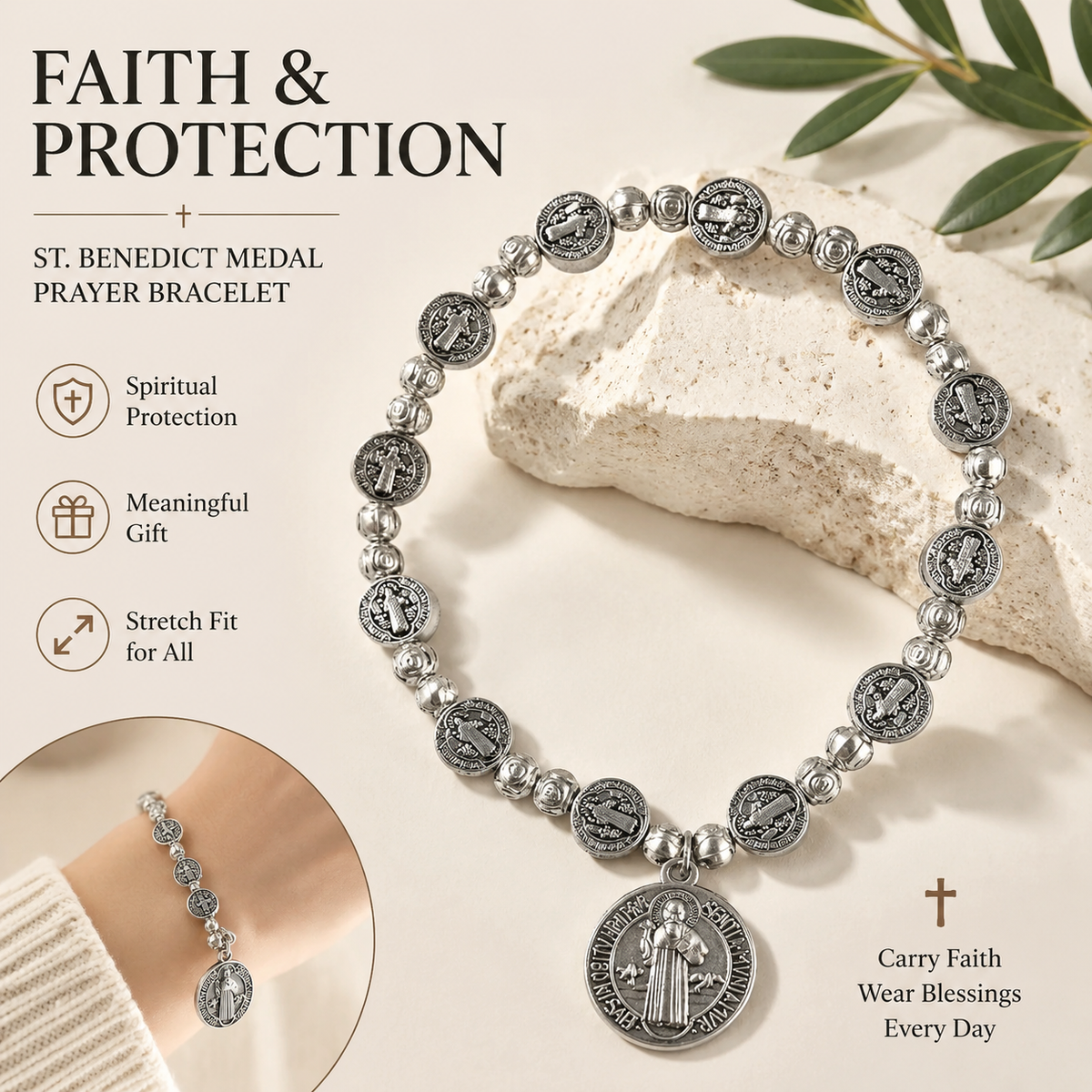 Catholic Rosary Metal Bracelet Saint Benedict Medal Bracelet for Men and Women Faith Baptism silvery