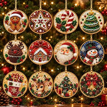 12Pcs Christmas Diamond Painting Ornaments , Wooden Hanging Pendant DIY Single-Side Rhinestone Craft Kit