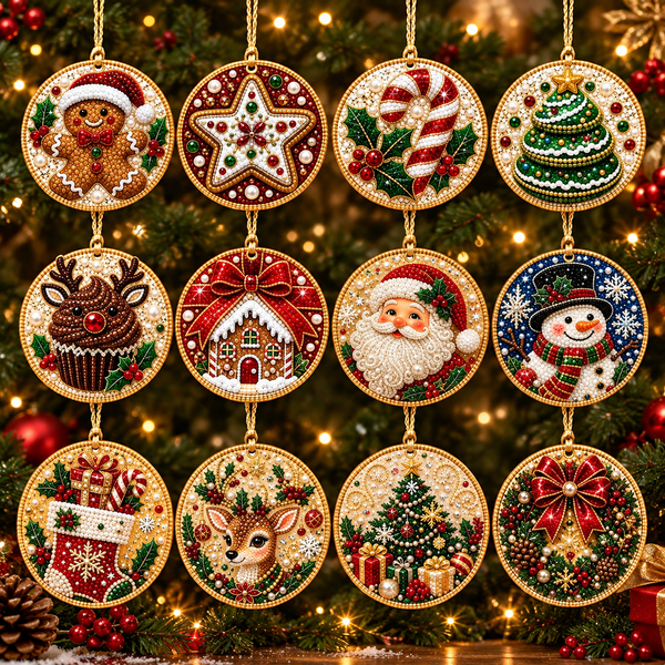 12Pcs Christmas Diamond Painting Ornaments , Wooden Hanging Pendant DIY Single-Side Rhinestone Craft Kit