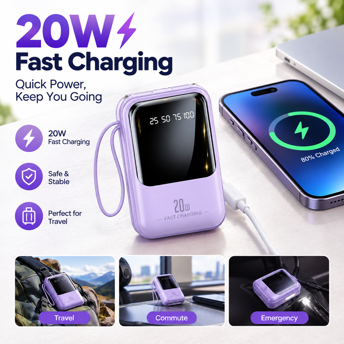20000mAh 20W Fast Charging Portable Power Bank for Apple and Android Devices with Smart Digital Display
