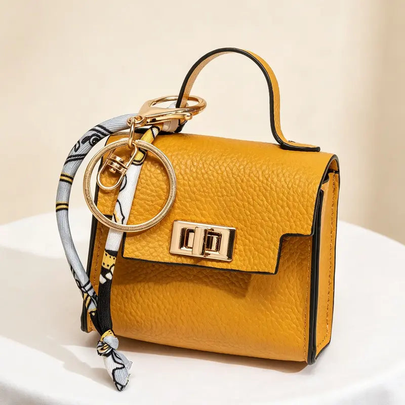 Mini Leather Square Bag Pendant Keychain with Colorful Strap