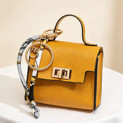 Mini Leather Square Bag Pendant Keychain with Colorful Strap
