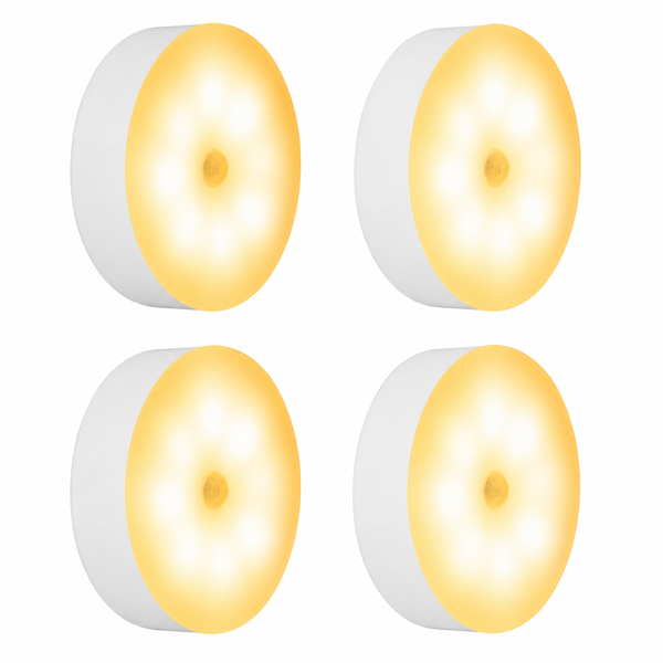 4Pcs Motion Sensor Light Indoor, Night Light(3000K ) | 8 LEDs, USB Rechargeable, 3 Light Modes, 400 mAh Battery