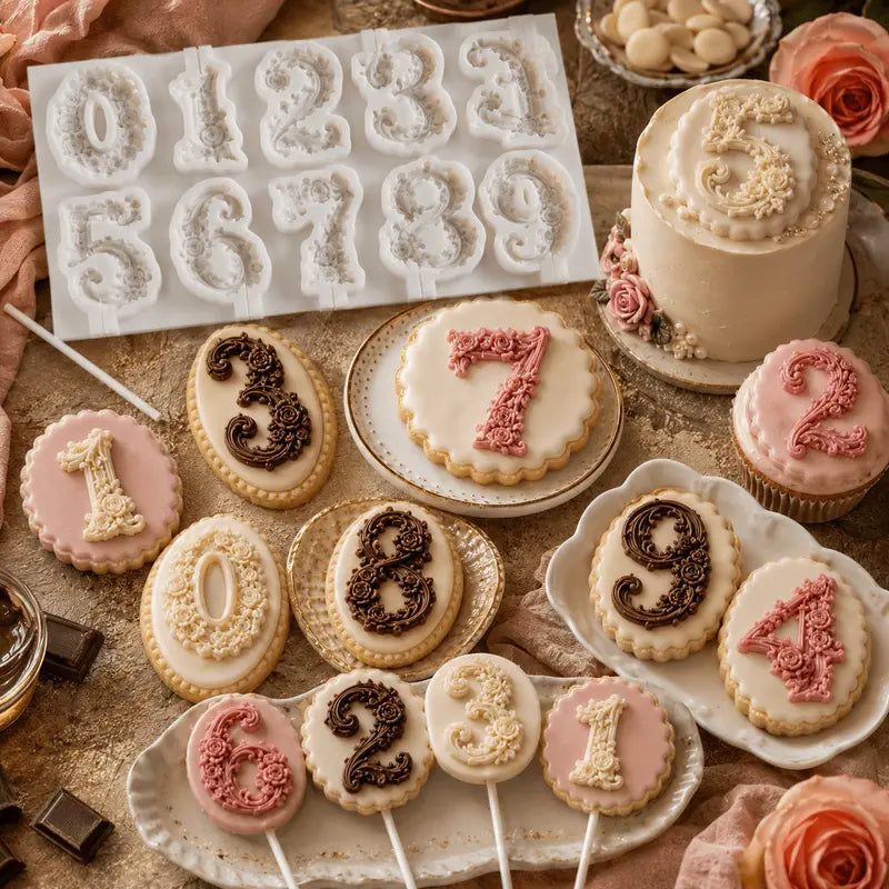 1Set Vintage Rose Floral Number Shape Silicone Mold - Baking Accessories