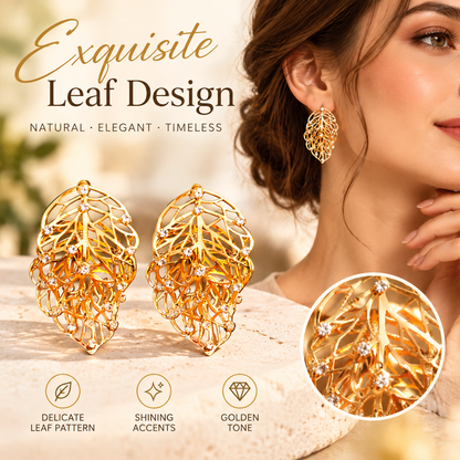 Open Work Leaf Earrings - Ultra-sparkly Zircon Earrings