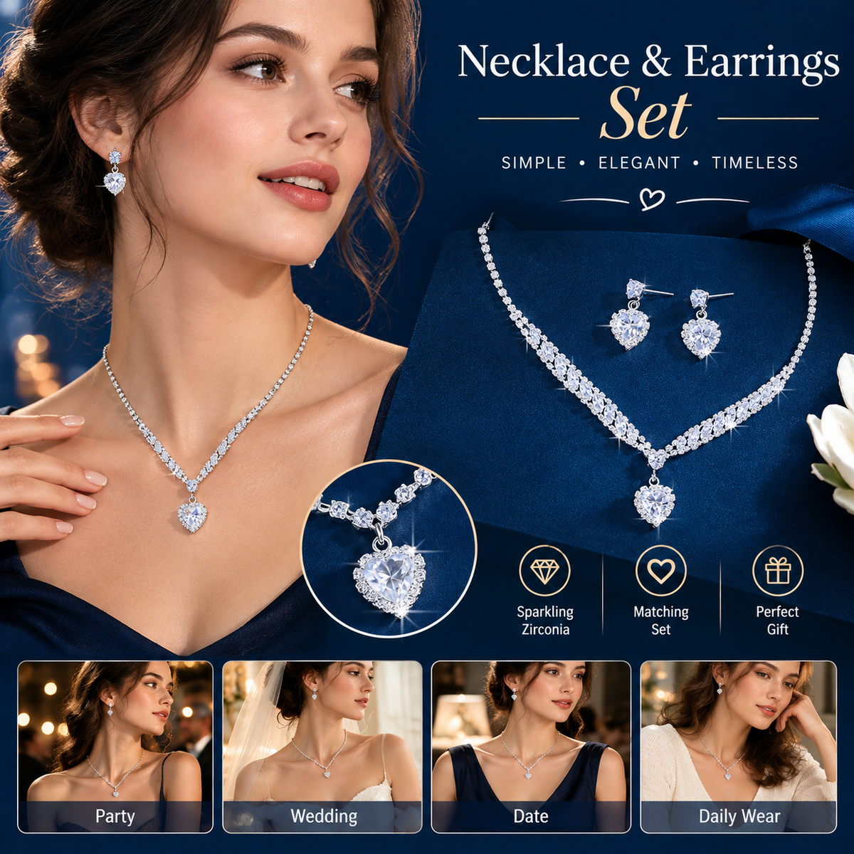 Ultra-Sparkly Heart-Shaped Zircon Earring and Necklace Set