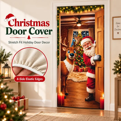 Colorful Santa Theme Reindeer Print Stretch Fabric Christmas Door Cover