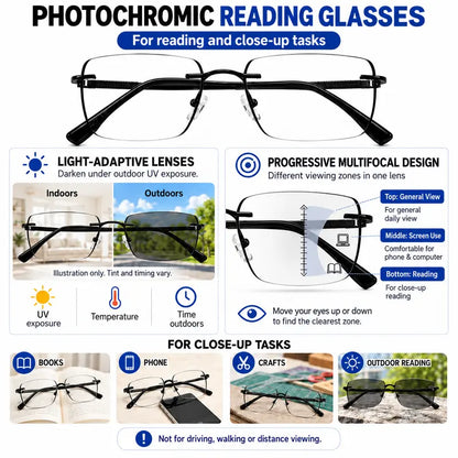 Unisex Progressive Multifocal Photochromic Reading Eyeglasses - Light Adaptive Bluelight Blocking