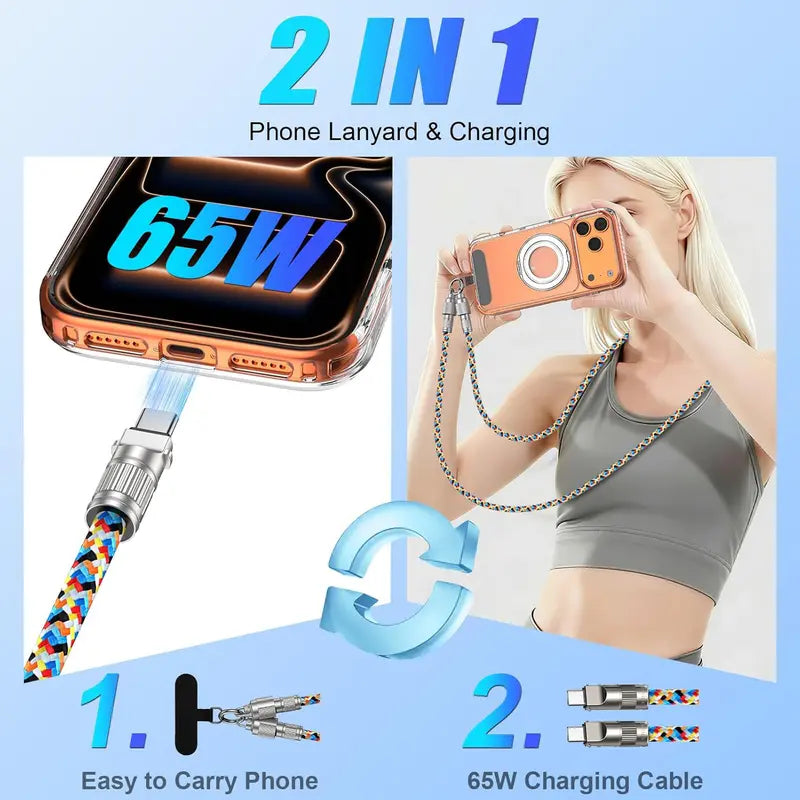 2-in-1 Lanyard USB Fast Charging Cable - 7mm Nylon Braided