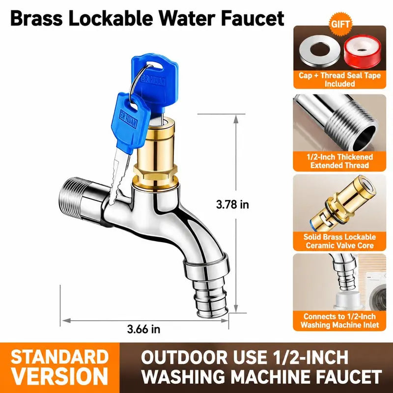 Brass Lockable Water Faucet with Key, 1/2 Inch Outdoor Anti-Theft Tap, Frost & Explosion Proof Heavy Duty Spout