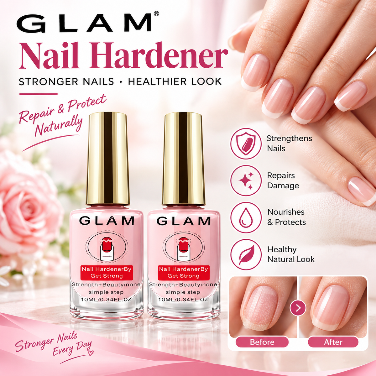 2PCS Natural Pink Nail Hardener – Quick-Drying Nail Strengthener