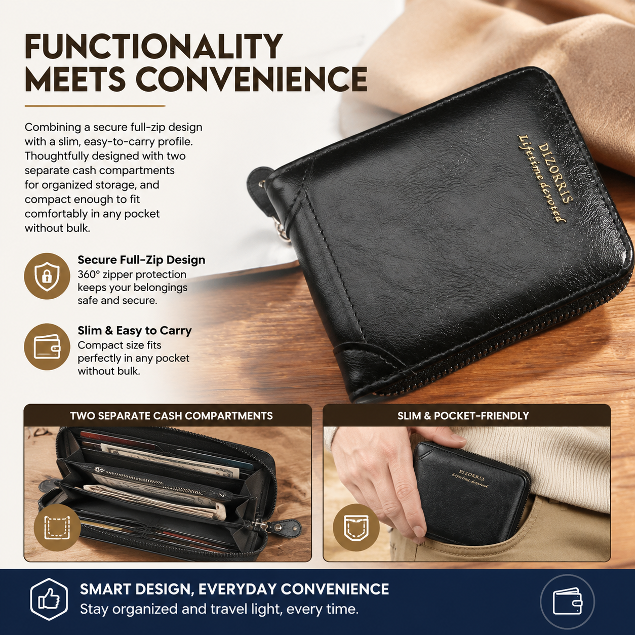 Men's Bi-fold Zip Wallet | Features 9 card slots, 2 clear ID windows, and durable stitching