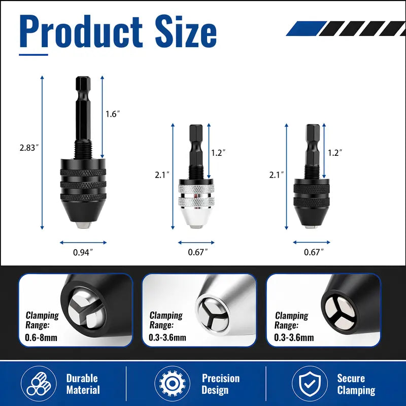 Keyless Drill Chuck Adapter Set, 1/4" Hex Shank Quick Change (0.3-8mm)