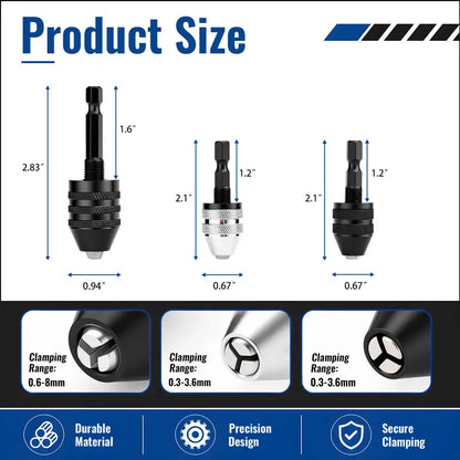 Keyless Drill Chuck Adapter Set, 1/4" Hex Shank Quick Change (0.3-8mm)