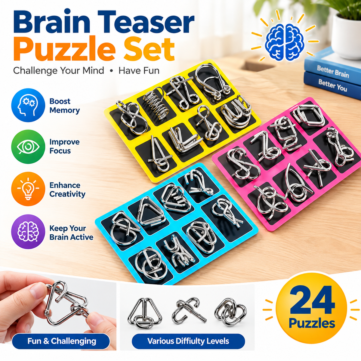 24Pcs Unisex Irregular Shapes Steel Wire Brain Teaser Puzzle Set - Waterproof Metal Chain Logic Games