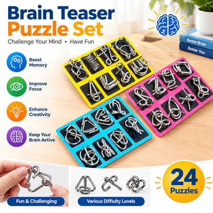 24Pcs Unisex Irregular Shapes Steel Wire Brain Teaser Puzzle Set - Waterproof Metal Chain Logic Games
