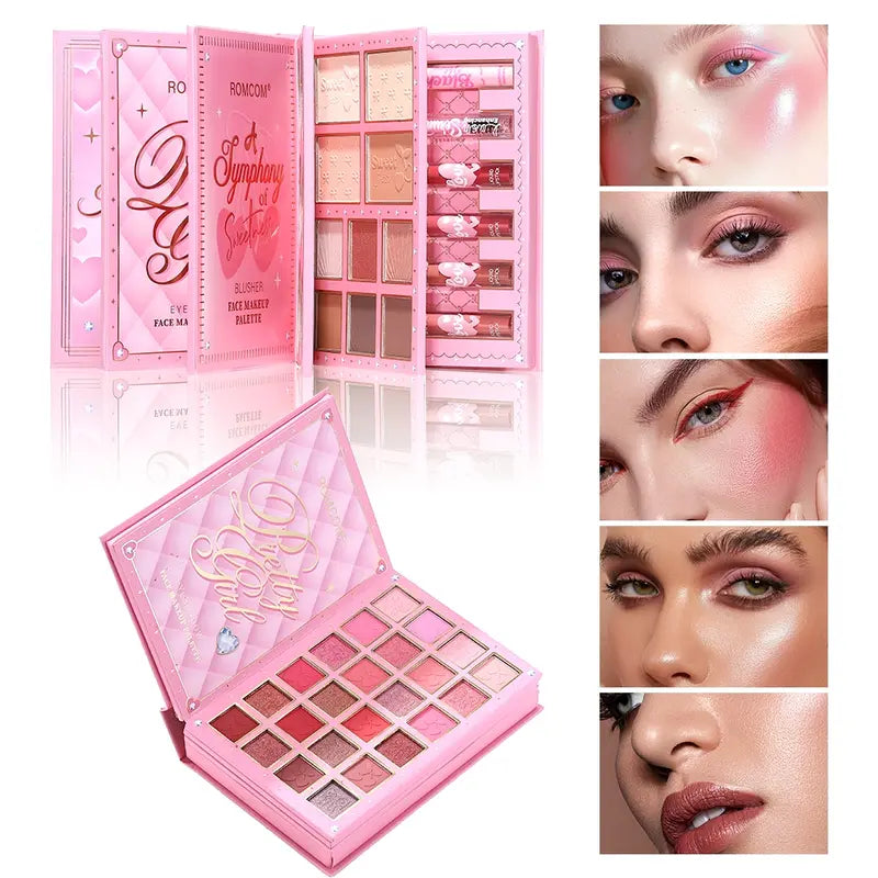 Multifunctional Eyeshadow Palette Book: Shimmer & Matte Shades, Lipstick, and Contouring