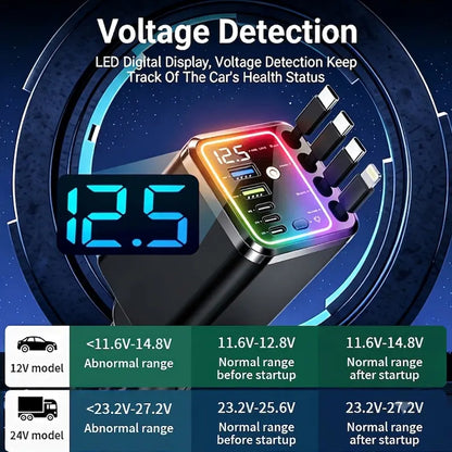9-in-1-120W Retractable Car Charger with Star Projector Night Light and LED Decorative Light