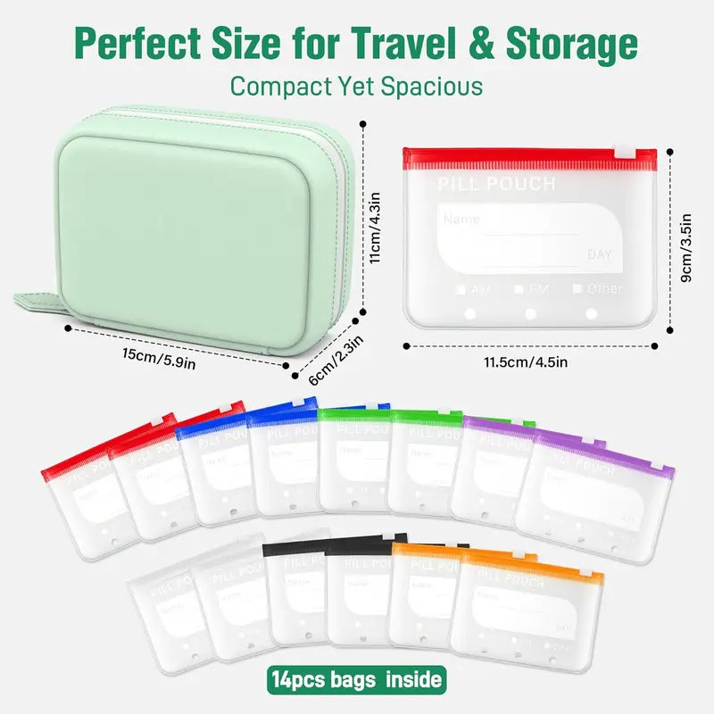 A8 Waterproof Pill Pouch Set with 14 Color-Coded Medicine Pouches