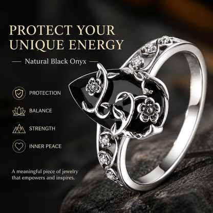 Black Onyx Energy Ring - Floral Vine Teardrop Design