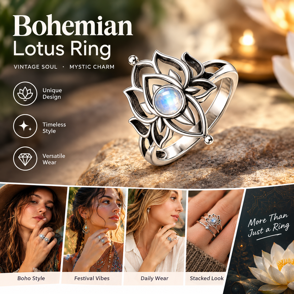 Moonstone Lotus Ring, Vintage Spiritual Growth and Enlightenment Jewelry