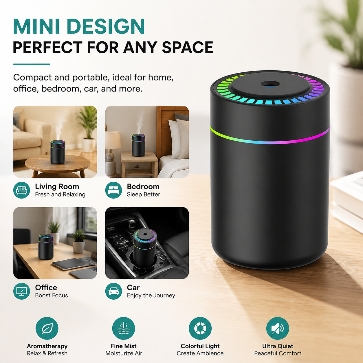 Portable Small Humidifier with Colorful LED Night Light, 12 Floral Water-Soluble Essential Oils Set