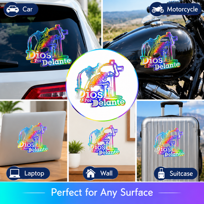 4Pcs Dios Por Delante Vaquero Cross Jesus Vinyl Decal 5" Rainbow Holo