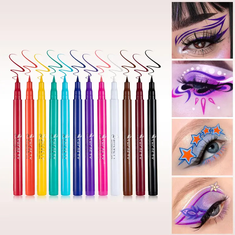 12 PCS Matte Liquid Eyeliner Set Rainbow Neon Waterproof Smudgeproof