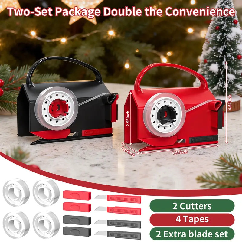 2 Pack Dual-Use Wrapping Paper Cutter & Tape Dispenser Kit, Includes 4 Rolls Tape & 2 Replacement Blades
