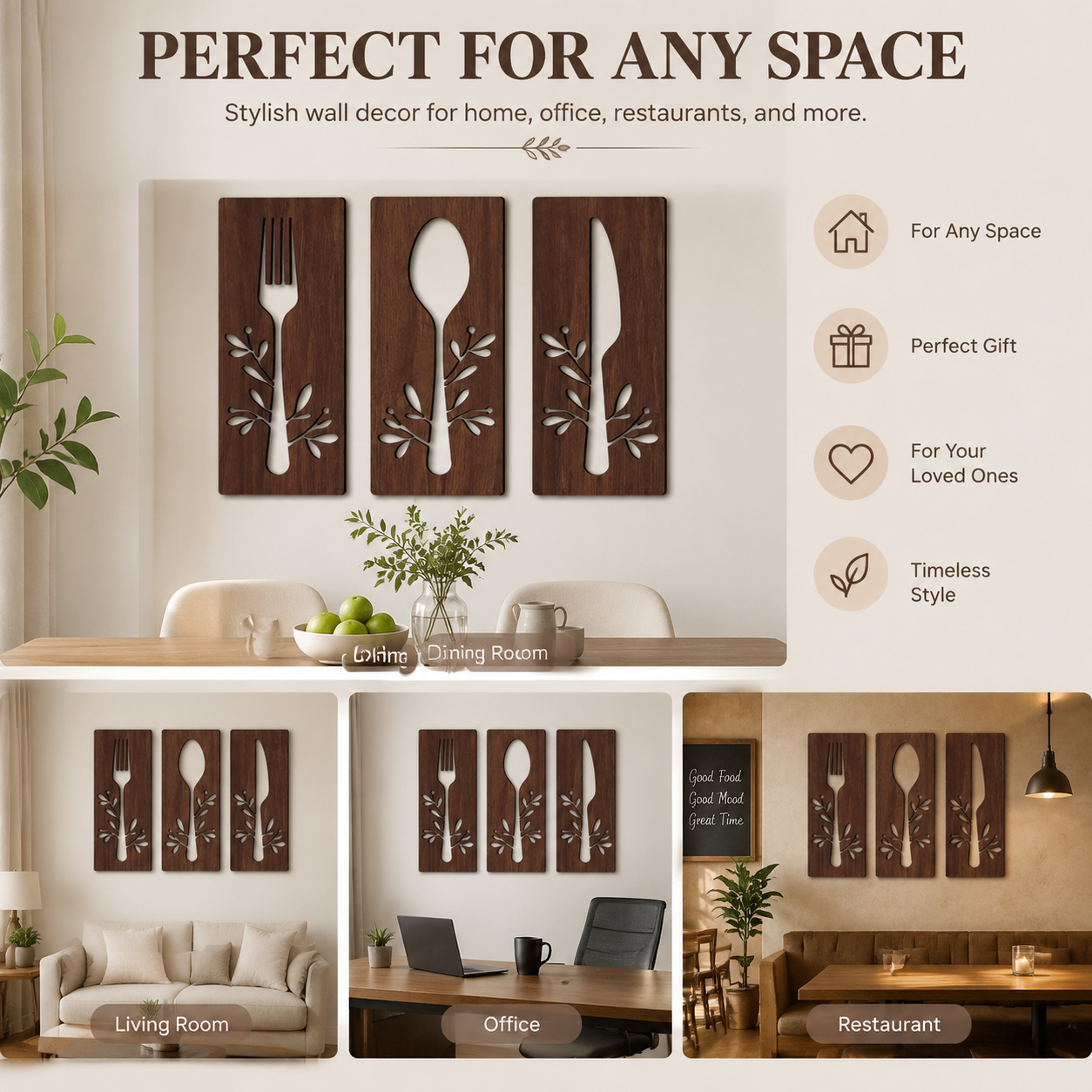 3Pcs Wooden Kitchen Signs: Fork, Spoon, Cutter, Eat - Decorations for Kitchen, Dining Room, Restaurant, Coffee Shop