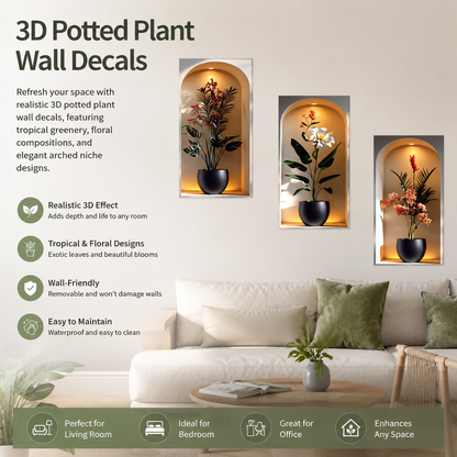 3Pcs Elegant Tropical Plant Niche Wall Stickers, Arch Display Window Theme Exotic Leaf Floral Fake Window Scene