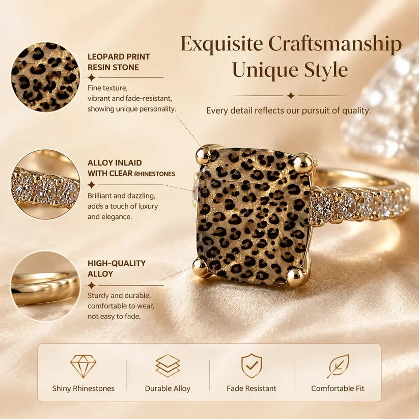 Vintage Light Luxury Glitter Leopard Print Square Fashion Ring